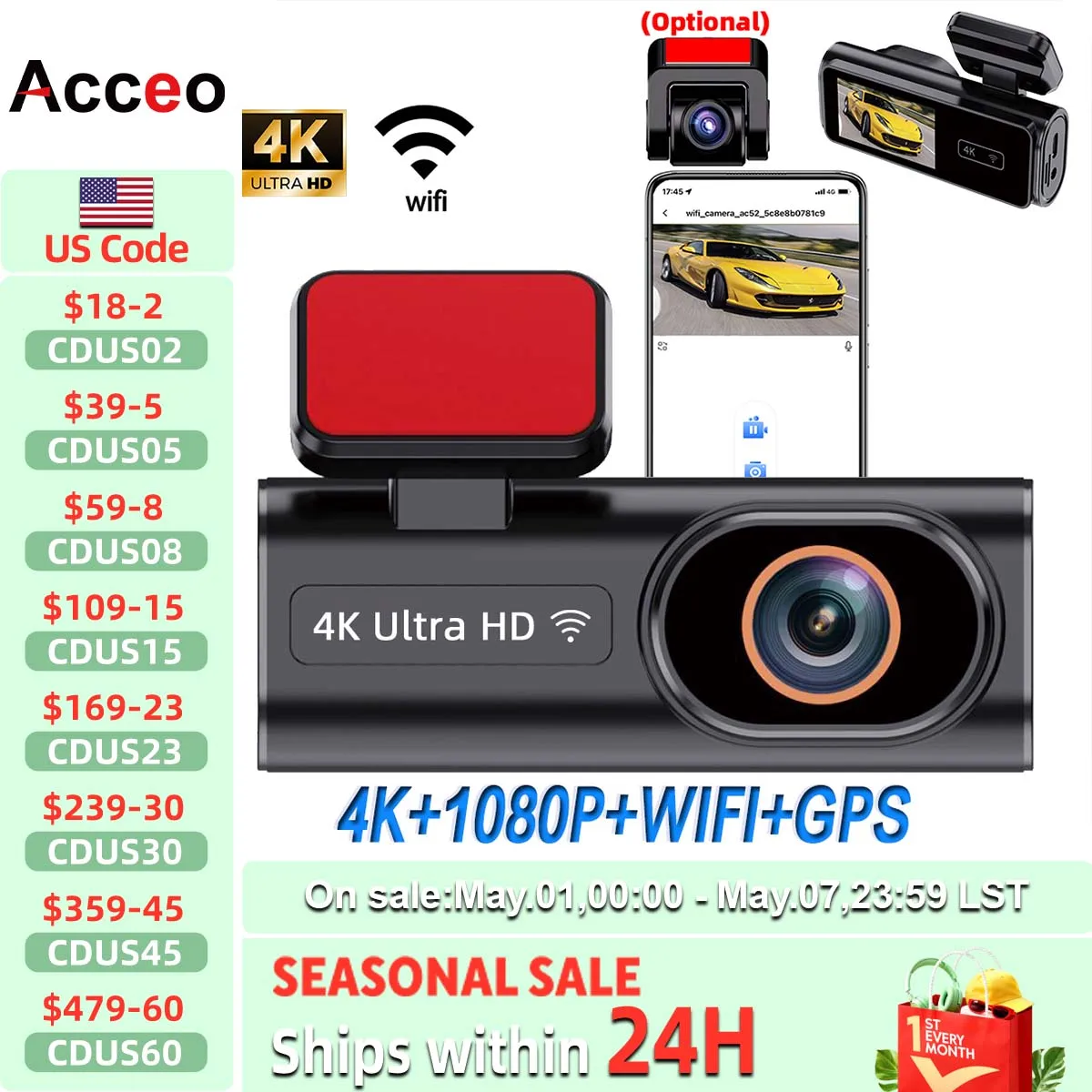 ACCEO Dash Cam WIFI GPS Mini CAR DVR Front 4K And Rear 1080P Dual Lens Black Box Room Camera Night Vision 24H Parking Monitor