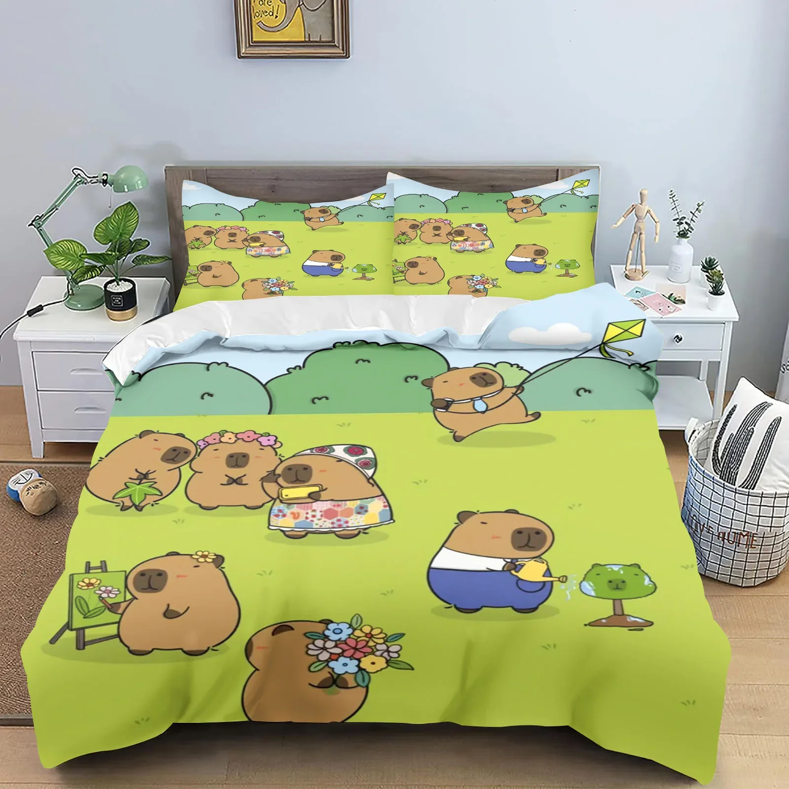 Anime Capybaras Duvet Cover Bedding Pillowcase Printed Children And Adult Set Queen Size Reactive Printing Quilt