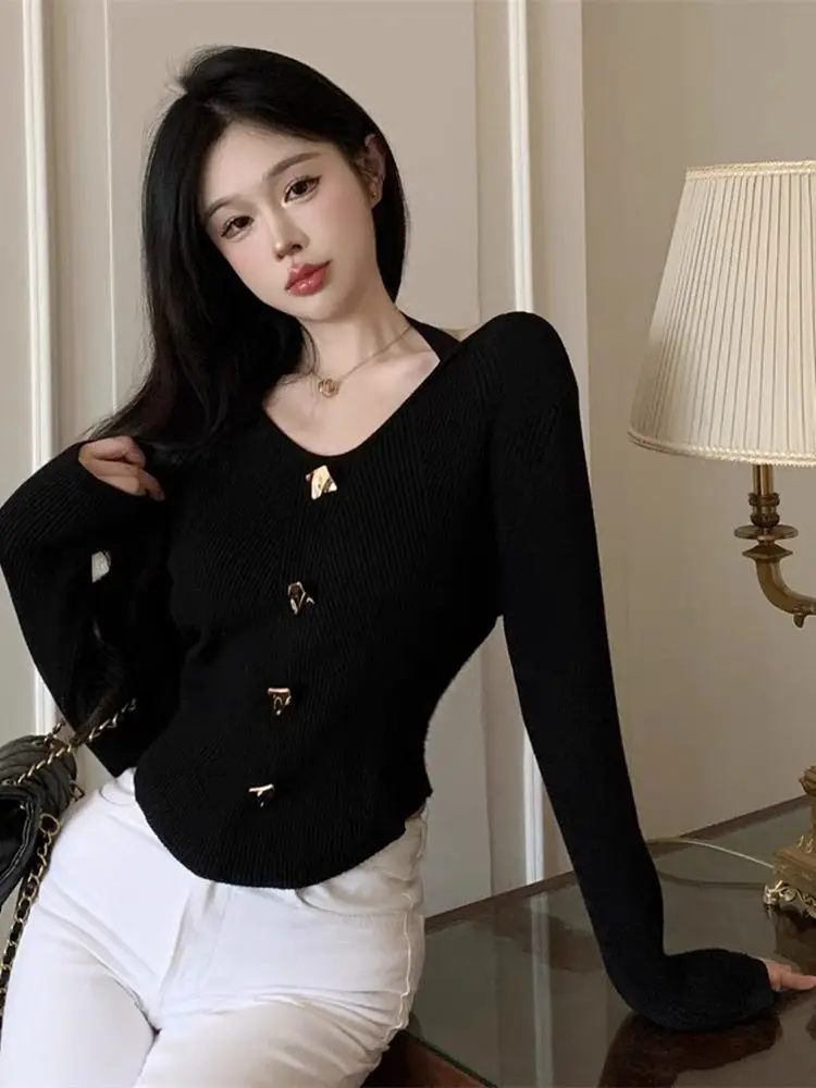 

Women's Long Sleeve Button Knitted Pullover, Korean Chic Slim Short Top, Fashion Sweater, New, 2023