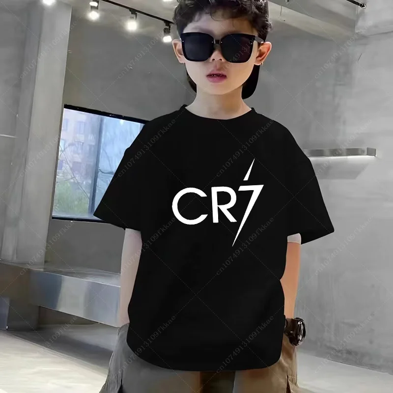 Ronaldo Football Star Printed Children's Clothing Kids Summer Short-sleeved Boys Girls Black Cotton T-shirt Sportswear Tops Teen 2