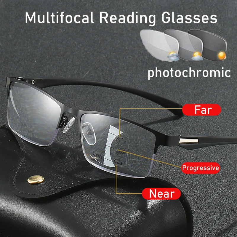 

Anti Blue Ray TR90 Titanium Half-Frame Photochromic Presbyopic Glasses Finished Color Changing Near Far Sight Eyeglasses Diopter