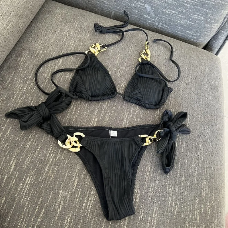 Women's 2 Piece Chain Linked Halter Triangle Tie Side Bikini Sets Swimsuit Beachwear