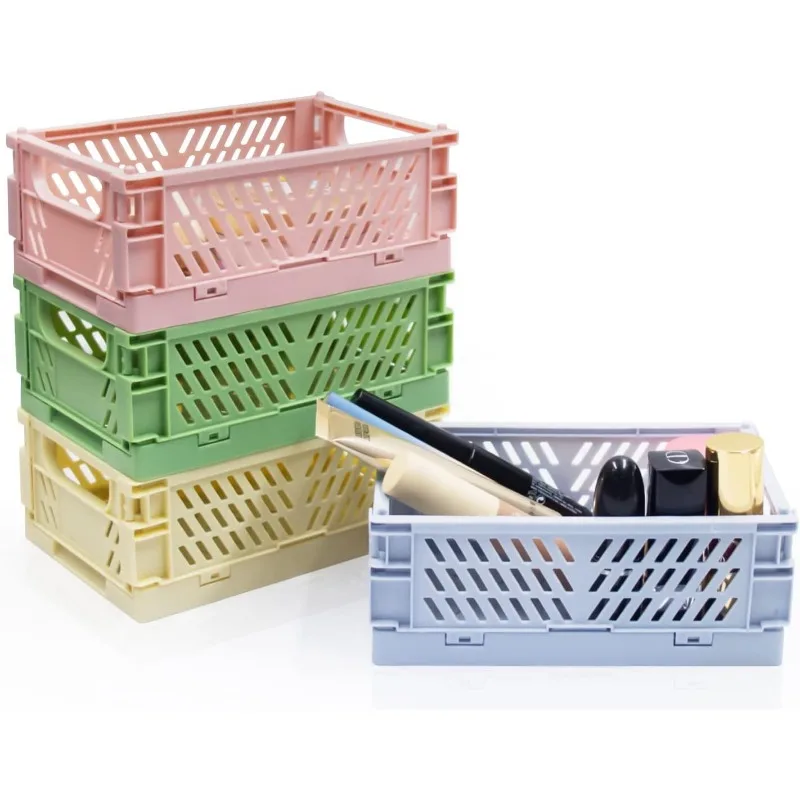 

4pcs Pastel Crates For Storage, Plastic Folding Baskets, Organizing Crates For Bedroom Office Classroom