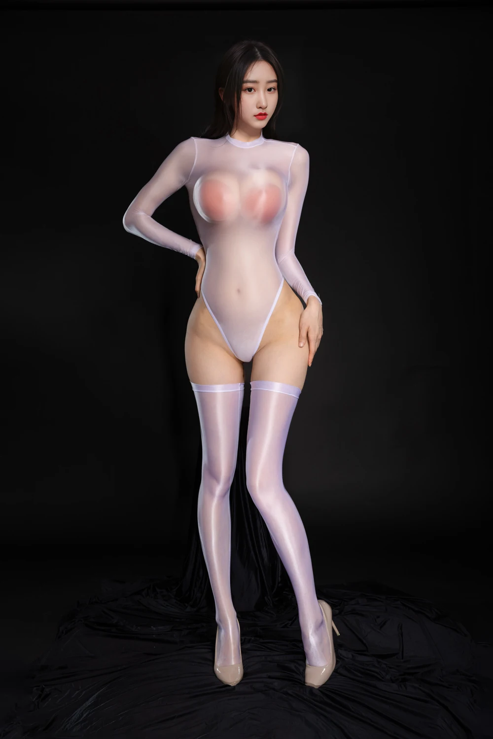 Langärmliger Glänzender Catsuit Bodystocking mit Offenem Schritt, Transparenter Badeanzug, Sexy Body Teddies Bademode – Detail 14