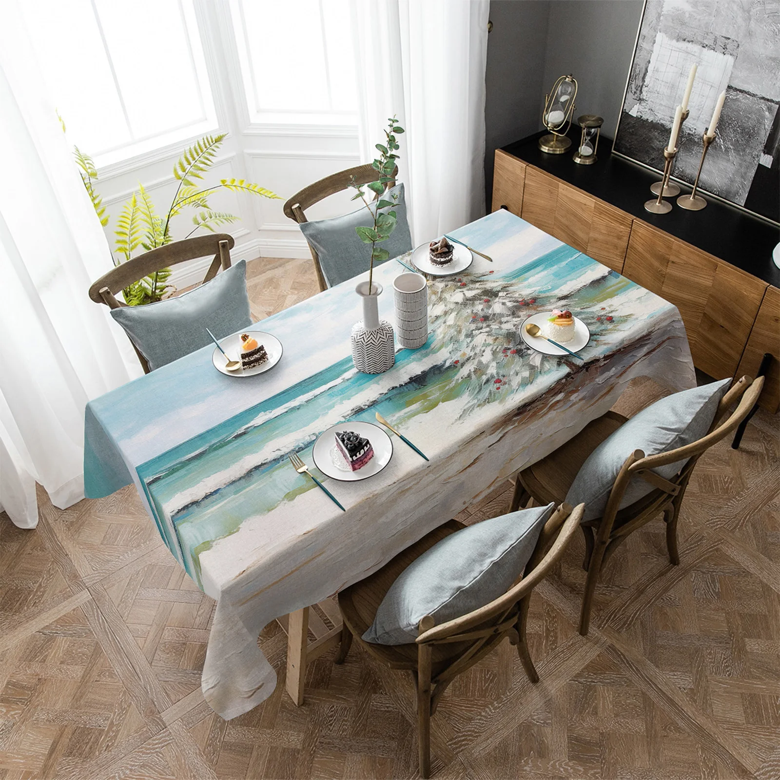 

Christmas Beach Christmas Tree Oil Painting Waterproof Tablecloth Wedding Party Rectangular Tablecloth Holiday Decor Table Cover