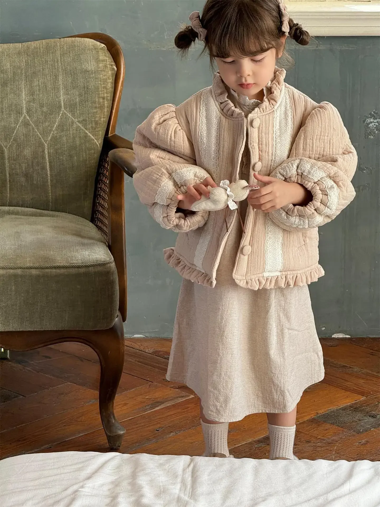 Children Clothes Korean Style Girls Coat Winter New Solid Color Lace Cute Cotton-padded Jacket Fashionable Warm Kids Jacket