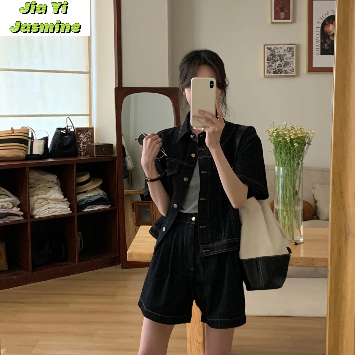 Korean Style Commuter Retro Slimming Short Sleeved Denim Jacket Versatile Casual Style Shorts 2-piece Set
