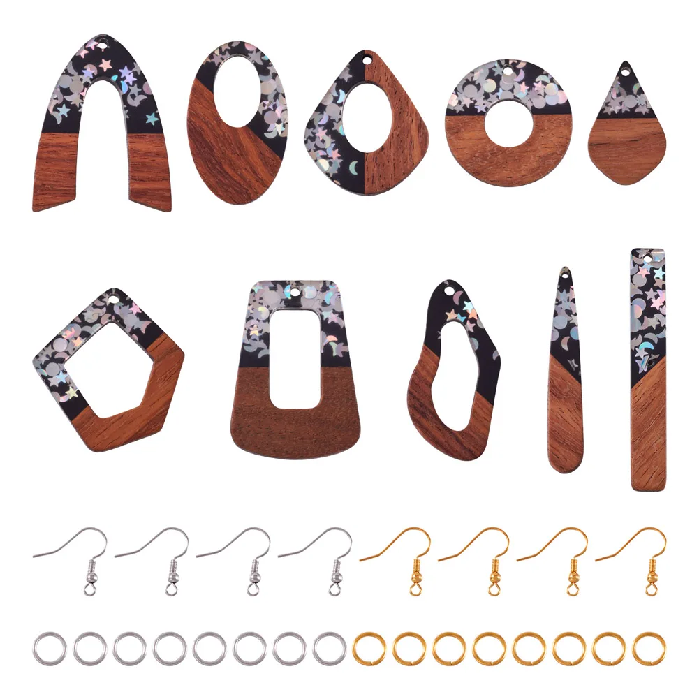 20pcs Resin & Walnut Wood Pendants Wood Charms with Brass Earring Hooks for DIY Dangle Earring Making Kit Accessories