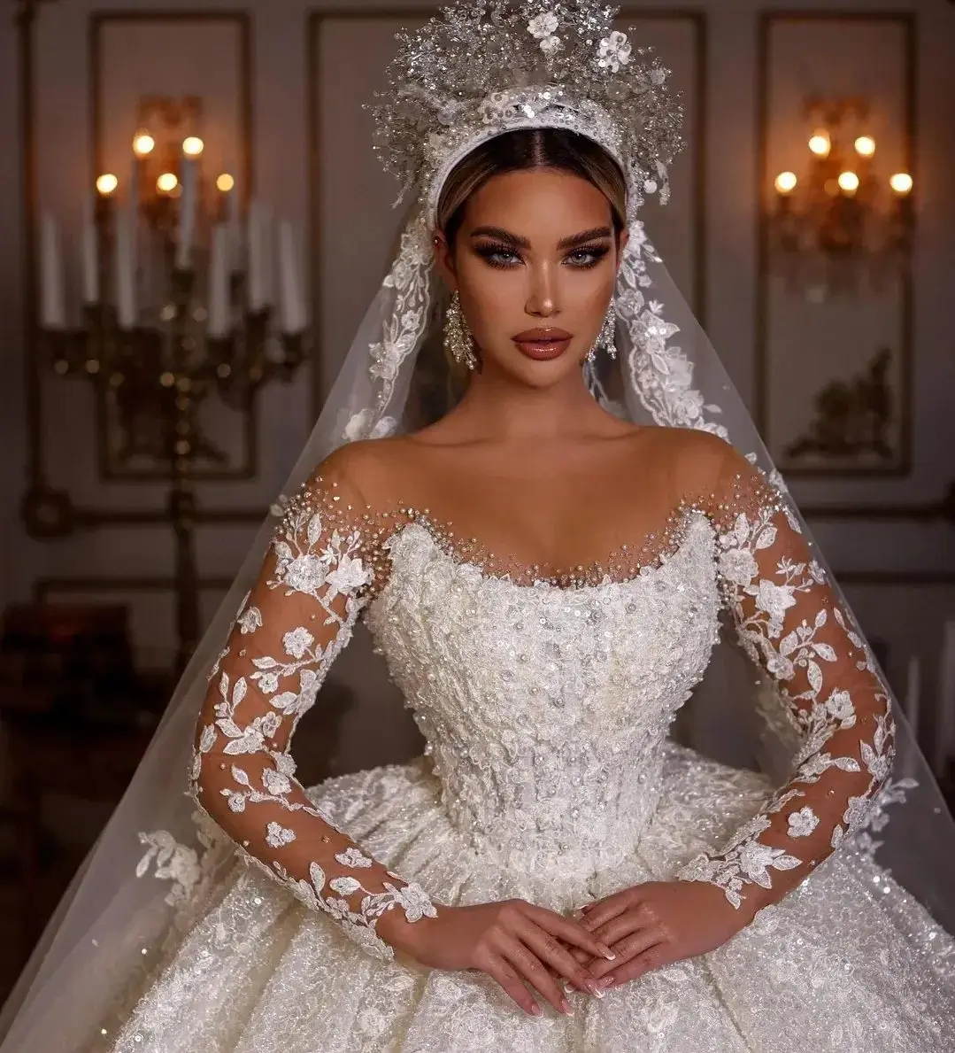Princess Wedding Dresses Vintage Bridal Gown Beading Shinny Tulle Long Sleeves Robe Elegant Luxury Pretty Dress Customized 2025 4