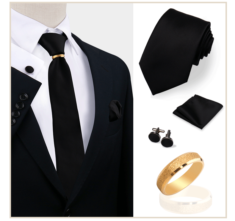 Luxus-Krawattenset in Uni-Farbe für Herren, Krawatte, Taschentuch, Manschettenknöpfe mit goldenem Metallring, Brosche, Anzug, Hochzeit, Herren-Accessoires – Detail 32