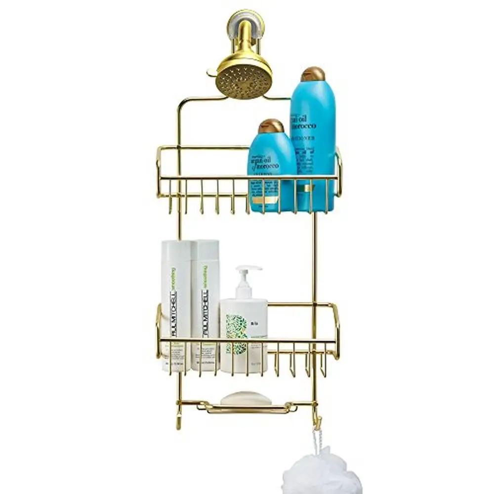 

Rustproof Aluminum Shower Caddy Organizer with Hooks Soap Holder Shelves Bath Sponge Nullify Solution Hooks Rust Resistant Gold