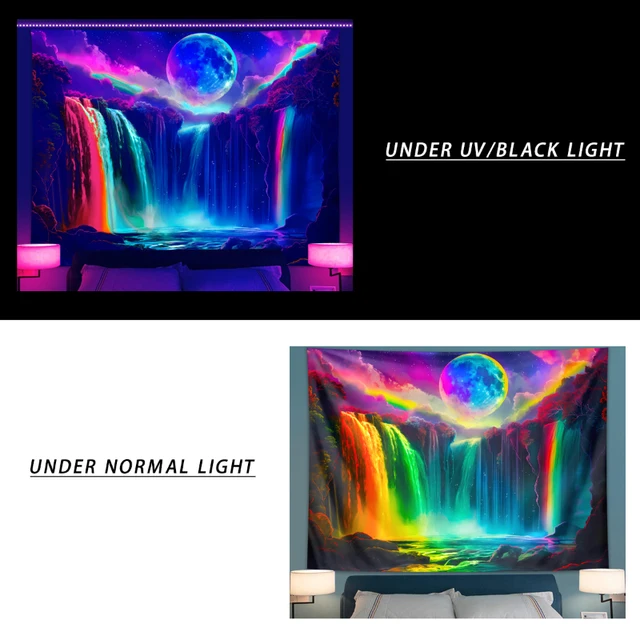 Tapisserie colorée à réponse UV, cascade, lune, ciel nocturne, paysage naturel, lumière noire, décoration de la maison, 1 pièce 3