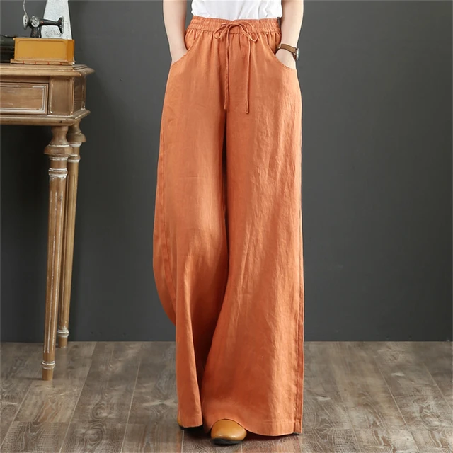 Women Solid Cotton Linen Wide Leg Pants Summer High Waisted Palazzo Wide Leg  Long Trousers With Pockets Pantalon Trousers Ladies - Pants & Capris -  AliExpress