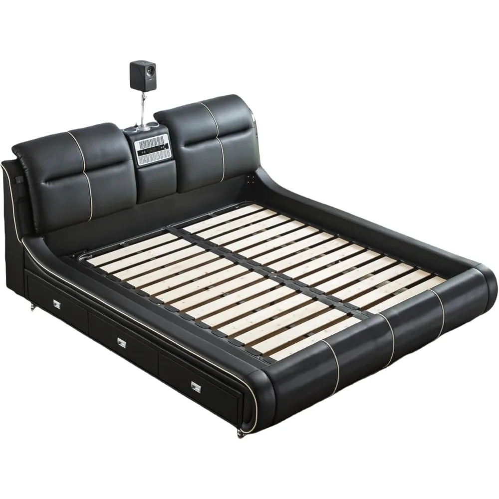 Luxury Multifunction King Size Bed Frame, Modern Smart Platform Bed with 720P Projector/Music Speaker/USB Port/Storage Drawers 3