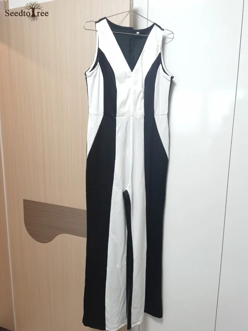 Sexy V Neck Thick Strap Colorblock Bootcut Rompers Women Jumpsuit Workwear (No Belt)