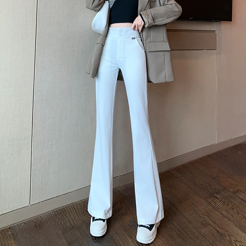 trousers for women YUANYUANJYCO Fashion Office Lady Flannel Flare Pants Women Spring Autumn High Waist Buttons Slim Black White Long Trousers Woman trousers for women Pants & Capris