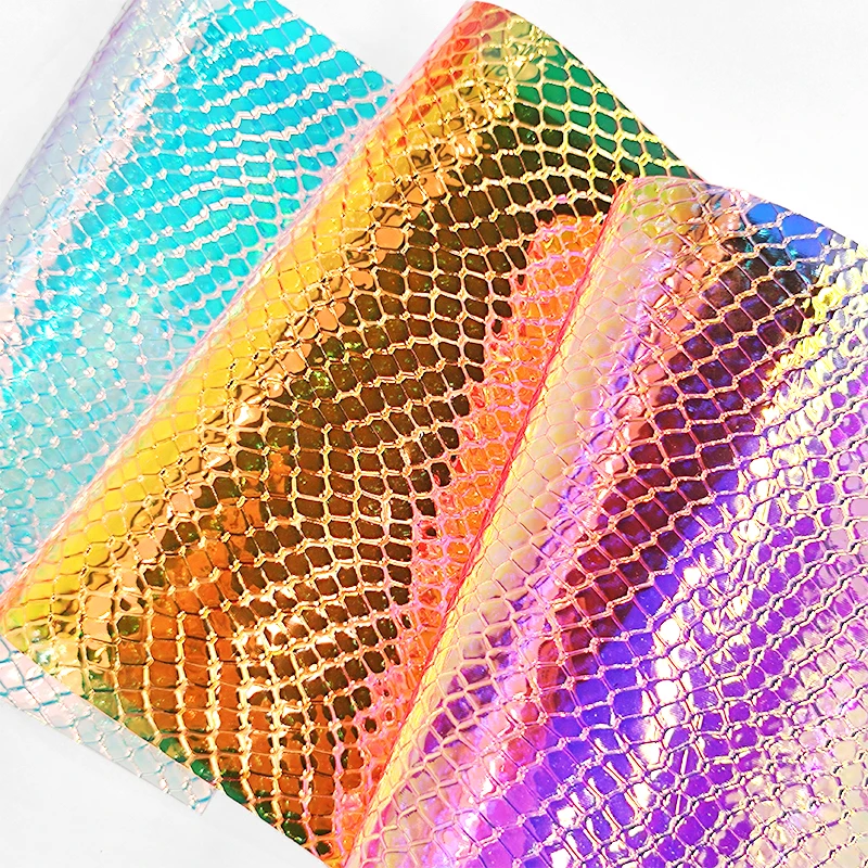 

Snake Textured PVC Fabric Iridescent Holographic Laser Rainbow Shiny Vinyl for DIY Bow Earring Making Craft Bag 46*135CM