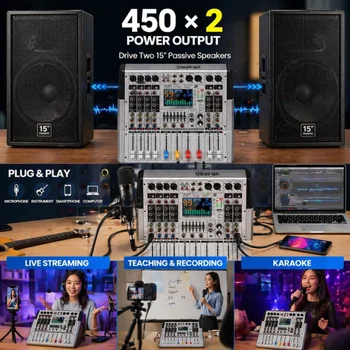 VR-6 PRO Amplifier Mixing Console with Bluetooth DJ Audio Mixer | 550W High Power Output, 99 DSP Effects, Large Screen Spectrum Display, Intelligent Noise Reduction for Bar Stage, Studio 8