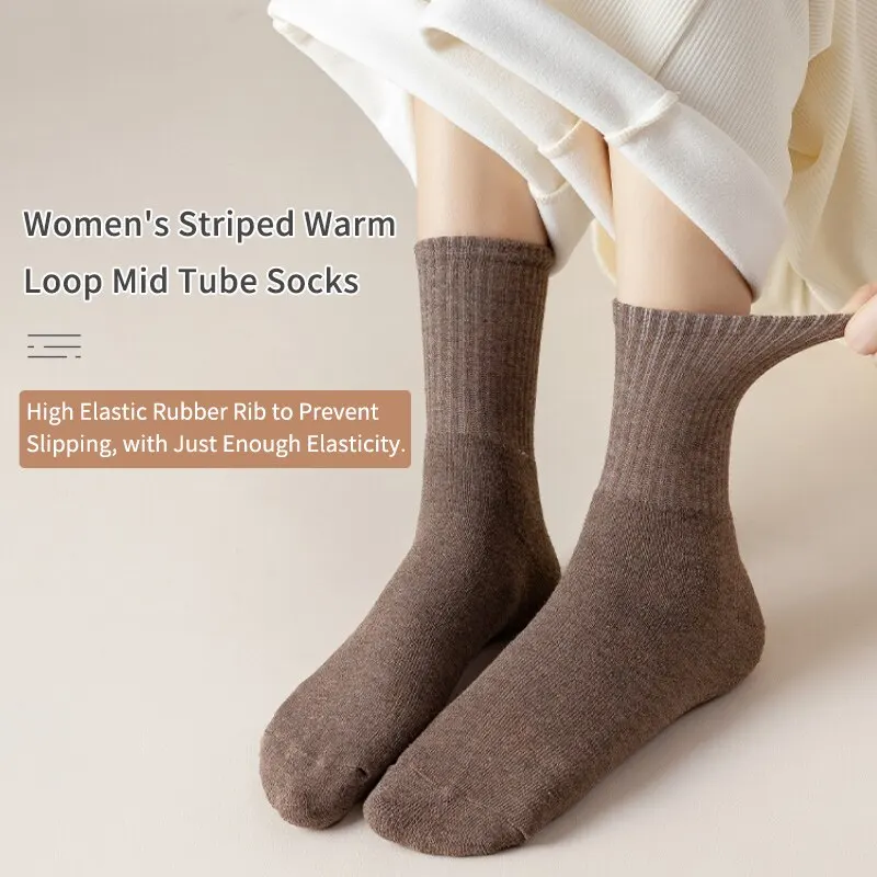 5 Pairs of Women Is Autumn and Winter Solid Color Simple Plush Fleece Thick Warm Fashion Comfortable Mid-tube Socks 3