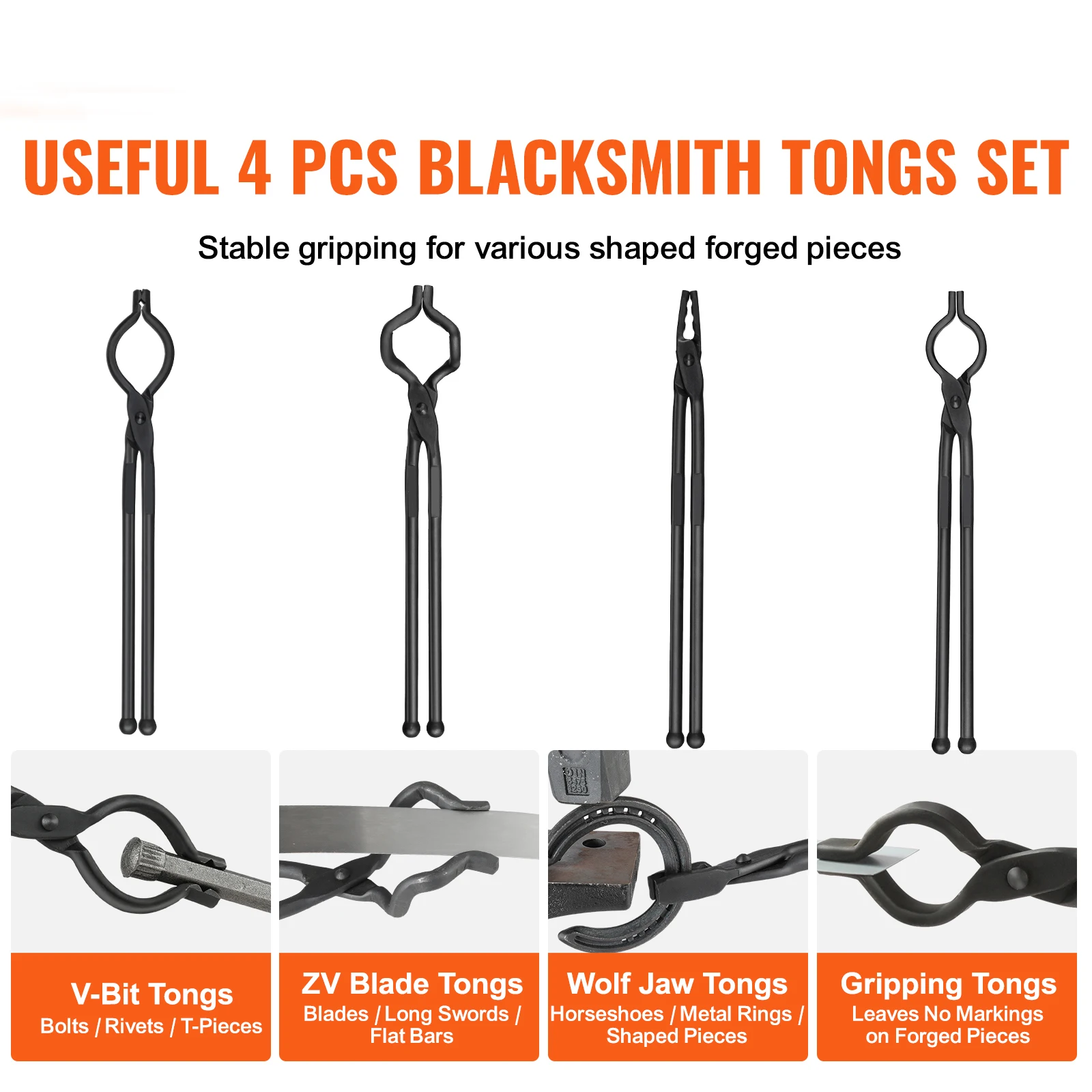 Carbon Steel Blacksmith Tongs for Forging with V Bit and Wolf Jaw