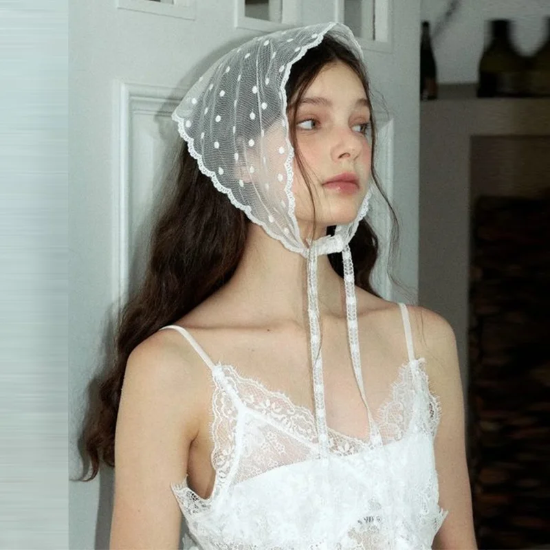 Spitze Dreieckiges Kopftuch Für Frauen Einfache Polka Dot Haar Zubehör Französisch Retro Landschaft Stil Stirnband Haar Zubehör – Detail 4