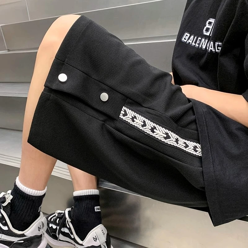 Men's Pants Shorts Waffle Summer Thin Tide Casual Knee Length Large Size Loose Straight Webbing Buttons Sweatpant Shorts for Men