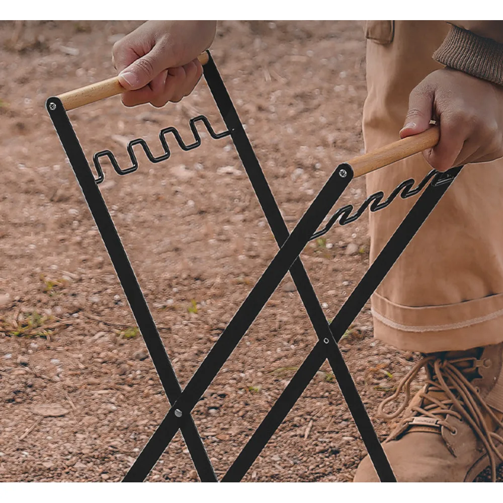 Outdoor portable wooden handle folding garbage rack, household kitchen, picnic, barbecue, plastic bag holder_voghion.com