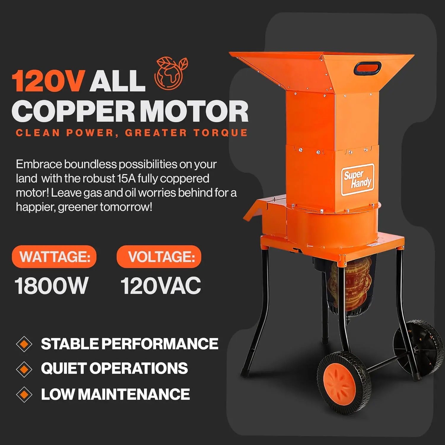 Leaf Mulcher Shredder Electric 120V AC 11 Inch Cutting Blade 5 Inch Cutting Capacity Heavy Duty Green and Waste Management