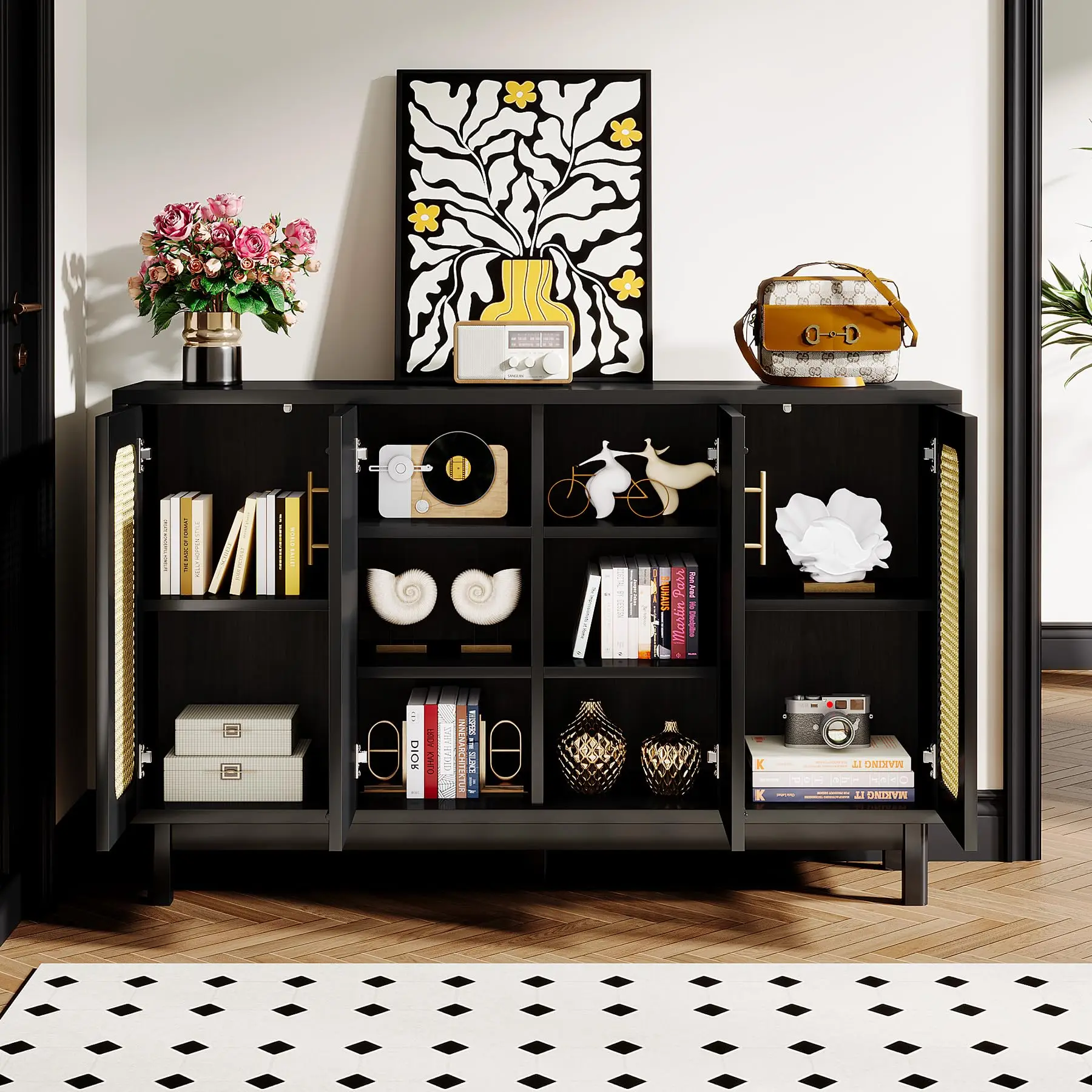 Tribesigns Black Sideboard Buffet Cabinet, 55" Modern Rattan Sideboard Cabinet with 10 Storage Compartments, Coffee Bar Accent S