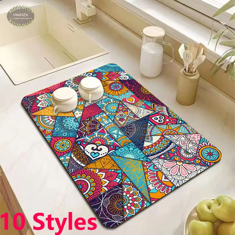 Printed Dish Drying Mat Super Absorbent Coffee Drain Pad Rubber Tableware  Draining Pad Quick Dry Rug Kitchen Dinnerware Placemat - AliExpress