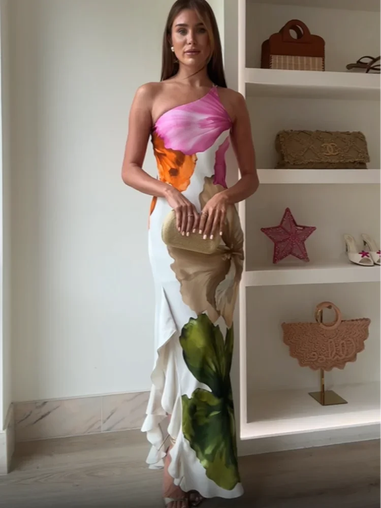 Robe élégante femme longue imprimée épaules dénudées – Image 3