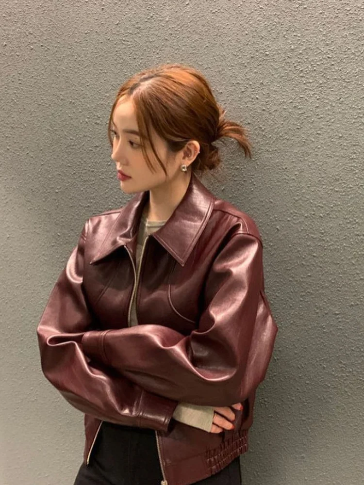 Women Fashion Solid Pu Leather Zipper Coat Retro Turn Down Collar Long Sleeve Outwear 2024 Autumn Female Chic Motorcycle Jackets 3