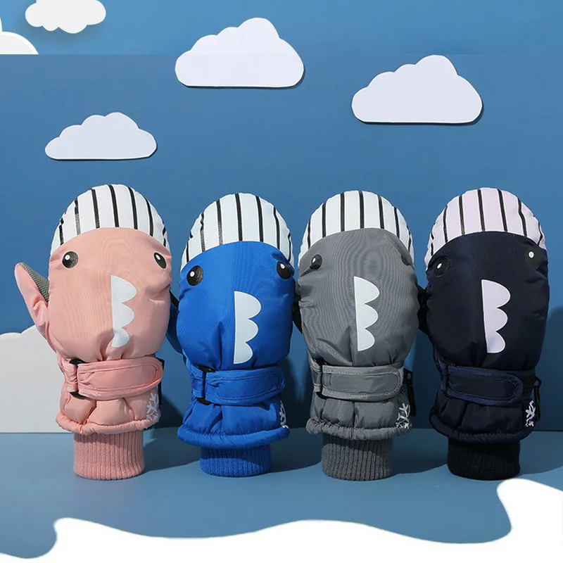 Children Gloves For Boys Girls Winter Mitten Thick Waterproof Non Slip Gloves Ski Warm Card Cartoon Shark Penguin