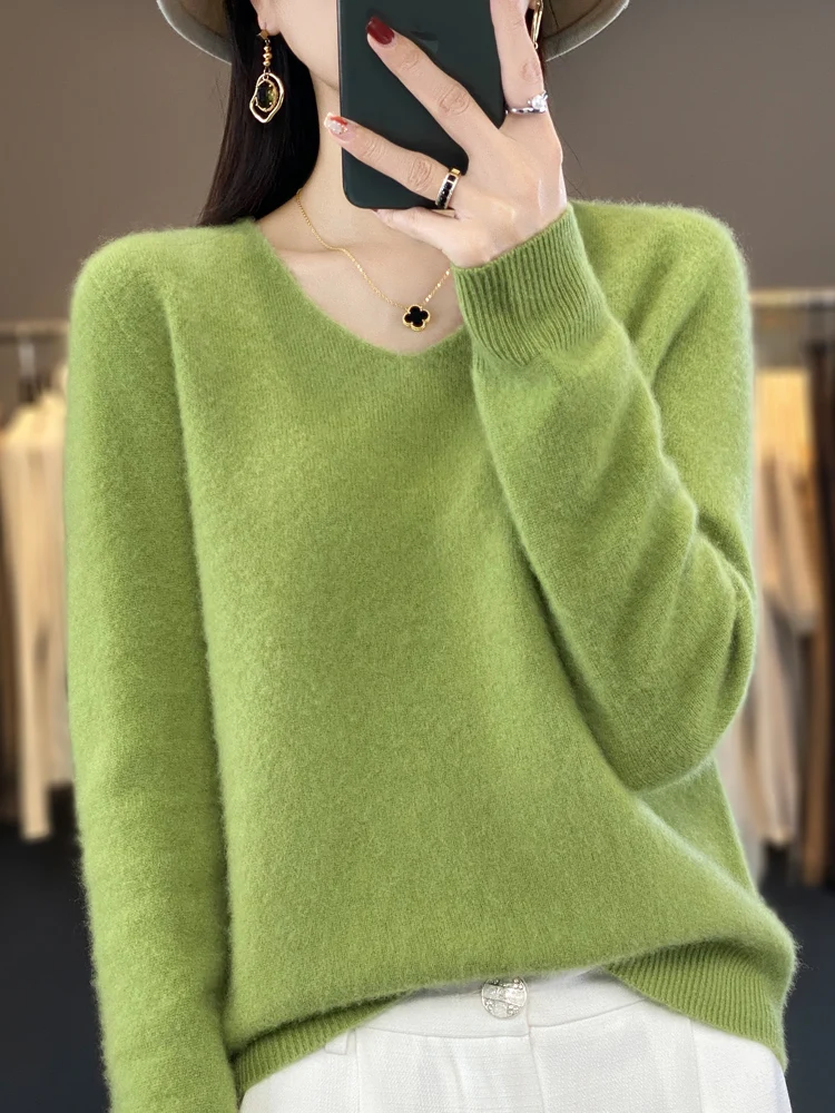 

2024 New Women Basic V-Neck Pullover Sweater 100% Merino Wool Long Sleeve Cashmere Knitwear Autumn Winter Female Clothing Tops