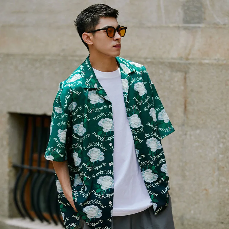 

Green Rose Full Print American Hawaiian Shirt Men Cuban Collar Japanese Retro Unisex Short Sleeves Button Up Shirt Women Summer