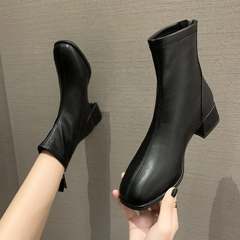 New Winter Women's Boots Square Toe Solid Pu Leather Fashion Ankle Shoes Ladies Block Heels Outdoor Party Women High Boot