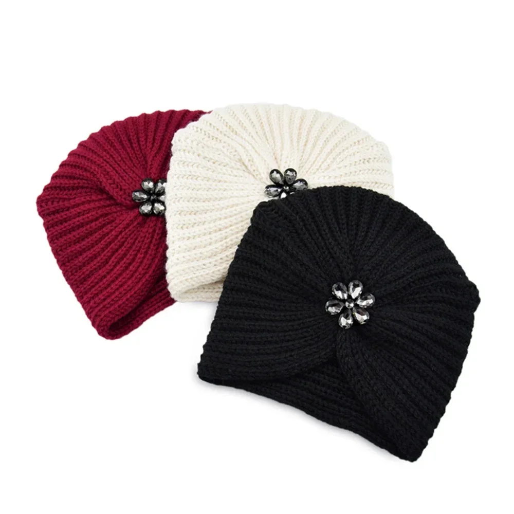 Bohemian Style Winter Woolen Flower Drill Belt Knitted Hat European and American  Women Turbans Cap 5