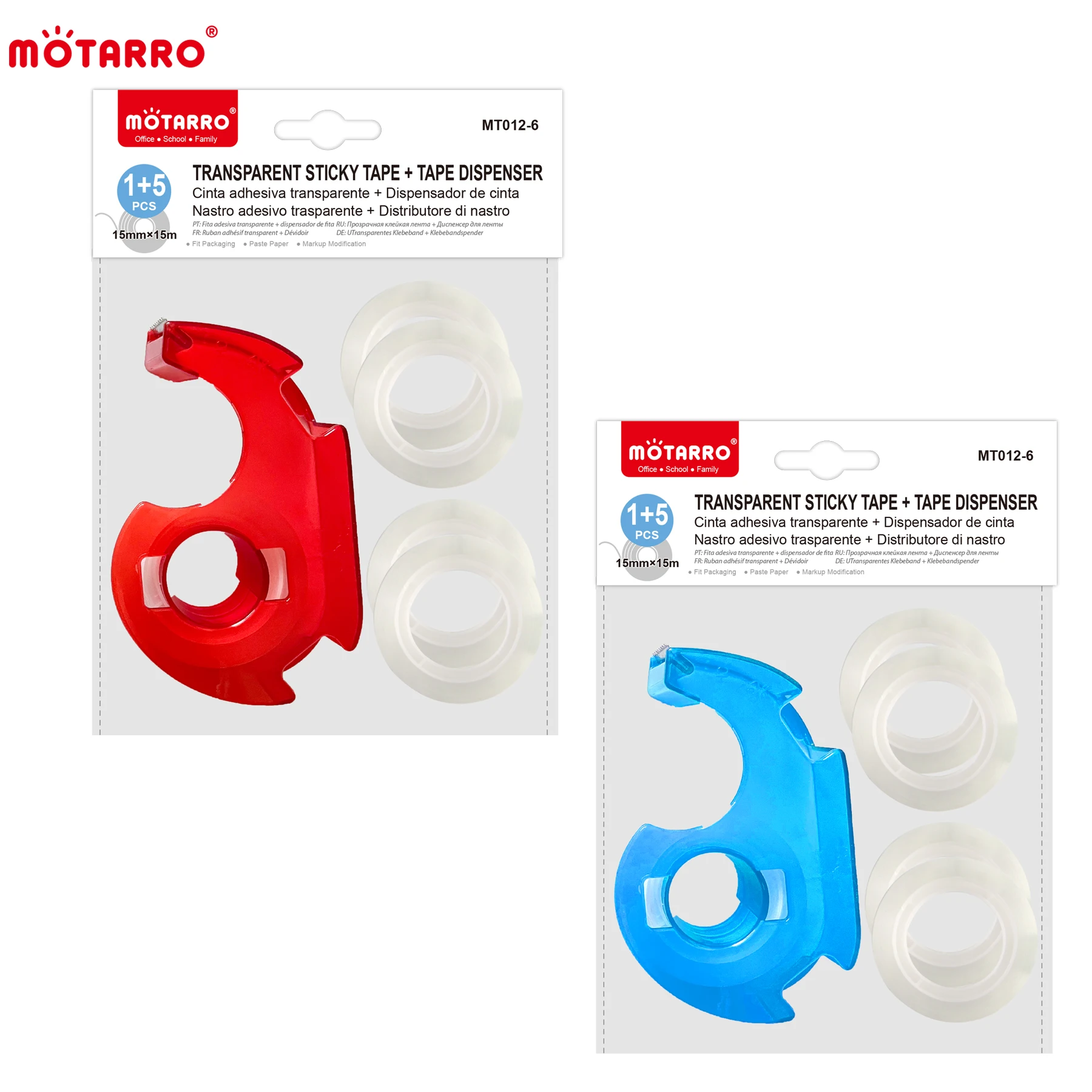 MOTARRO Blue Red Portable Tape Cutter 15MM*15M with 5 Rolls of Transparent Tape Storage Cutting Seat Dispenser Holder