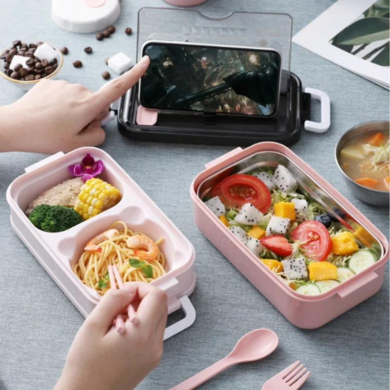 

304 Ланч-бокс из нержавеющей стали Bento, коробка для школы, детей, офисных работников, 2-х слойный Ланч-бокс Microwae с подогревом, контейнер для хранения пищи