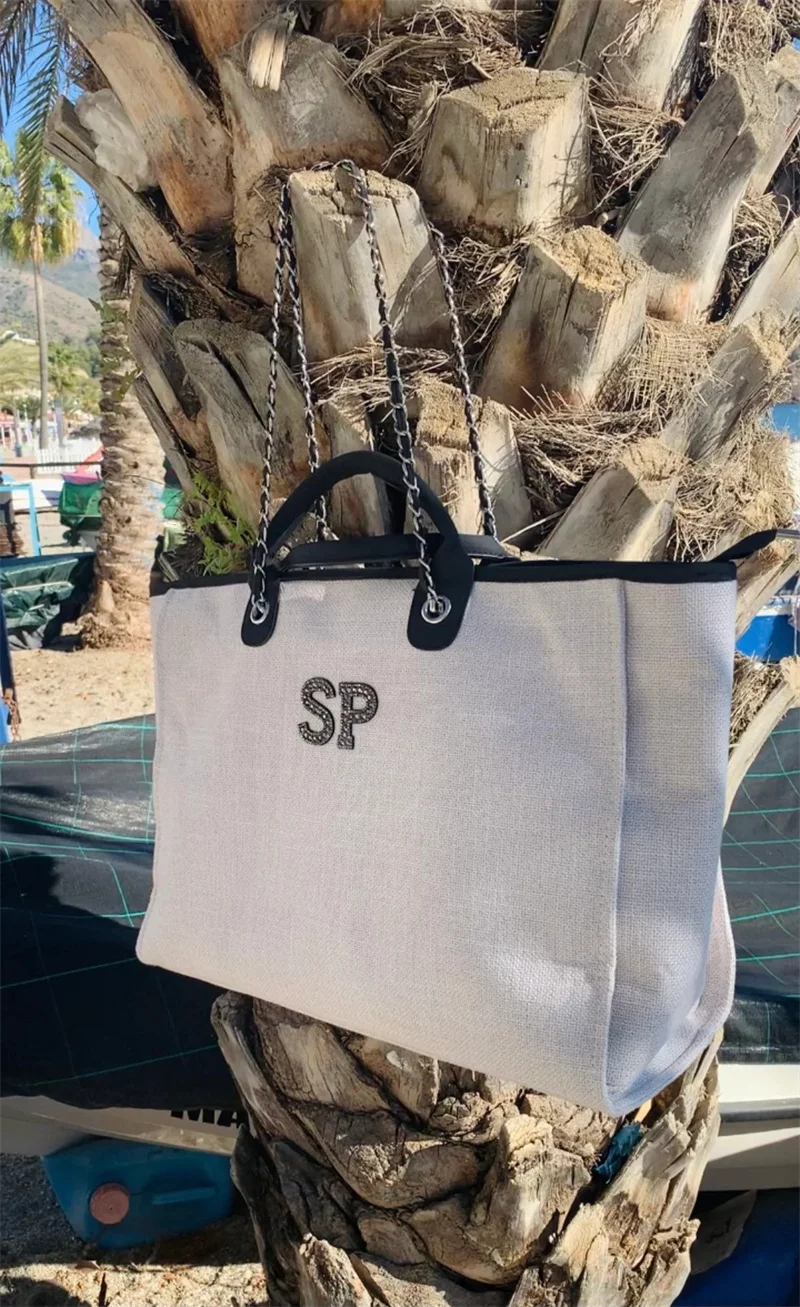 Large Luxury Customized Monogram Tote Bag, Canvas Chain Beach Shopping Tote Bag, Personalized Weekend Hand Bag, Luxe Chain Bag