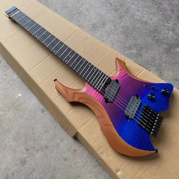 7 String Headless Electric Guitar Pink to Blue Ash Body Flame Maple Top 9 Piece Roasted Maple Neck Fanned Frets Passive Pickups
