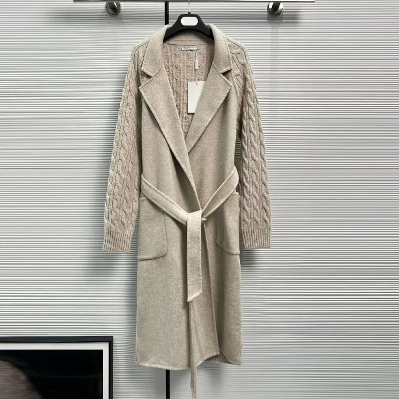 

Women Wool Coat Cashmere Khaki Woolen Outerwear 2023 Winter Knitting Top Patchwork Belt Medium Length All Match Trench NewArrive