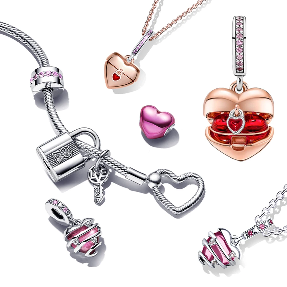 New 925 Sterling Silver Padlock & Key Dangle And Ladybird & Heart Charm Fit Original Brand Bracelet For Women DIY Jewelry Gift