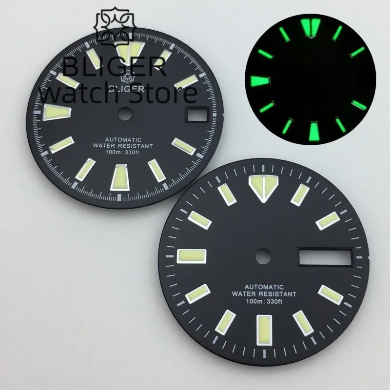 

BLIGER 29 мм черный циферблат зеленый светящийся циферблат подходит для движения NH35 NH36 подходит для часов 3 o 'clock 3,8 Корона часов