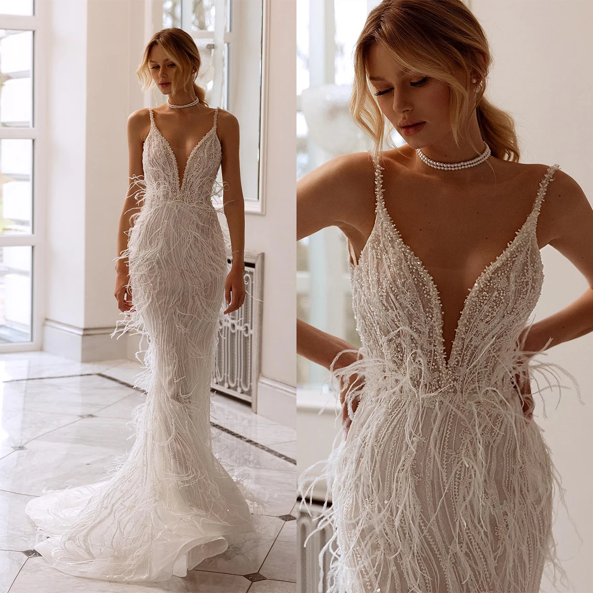 

Graceful Mermaid Bridal Gowns Spaghetti Strap Backless Feathers Beaded Lace Wedding Dress Custom Made Vestido de novia