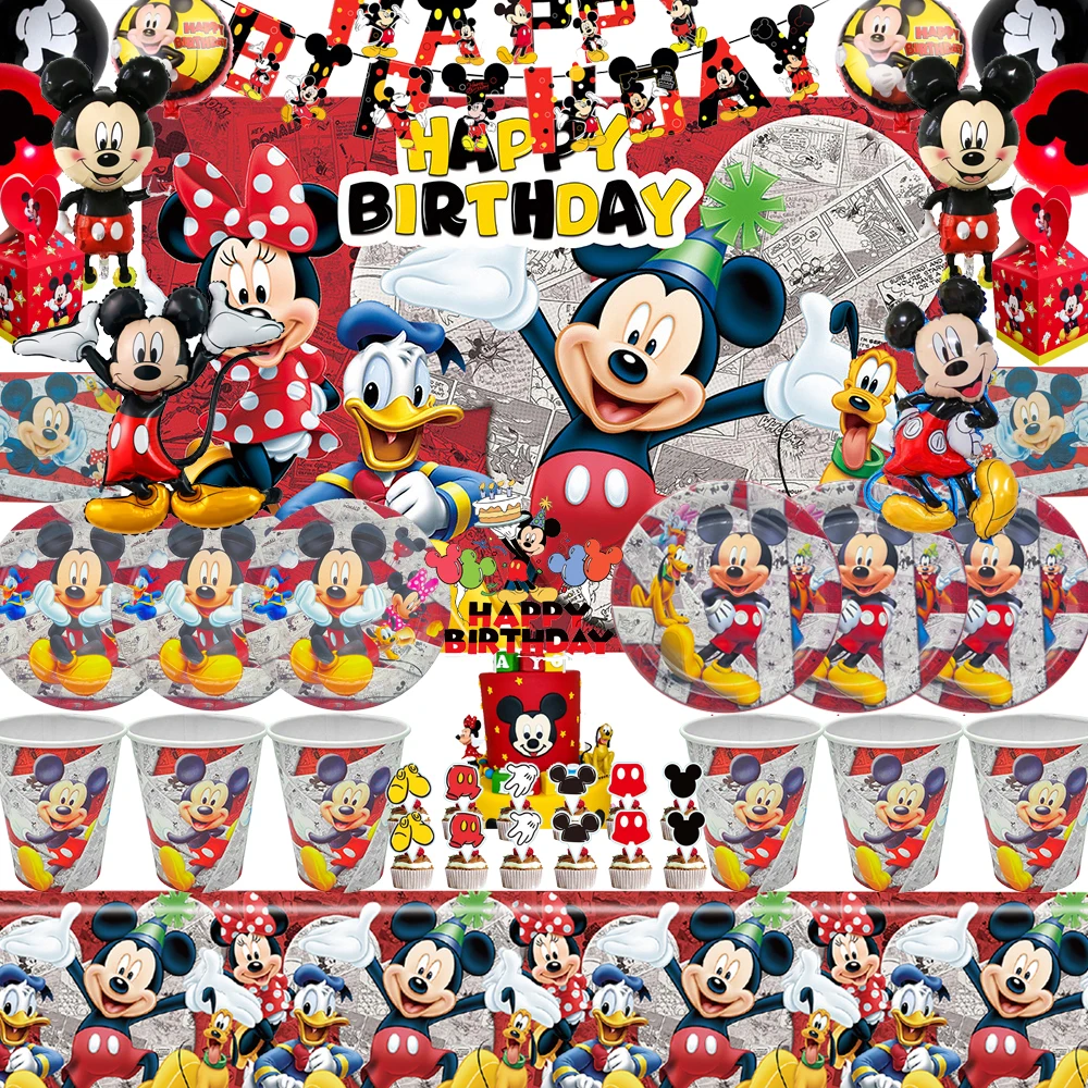 

Disney Mickey Mouse Kid Birthday Party Accessories Decorated Paper Tableware Cup Plate Latex Foil Ballon Set Gift Party Supplies