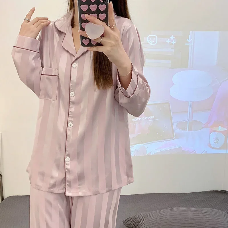 Pajamas Sets High-quality Light Luxury Silk Women's Sleepwear Spring Autumn Long-sleeve Cardigan Fashion Ice Silk Home Clothing