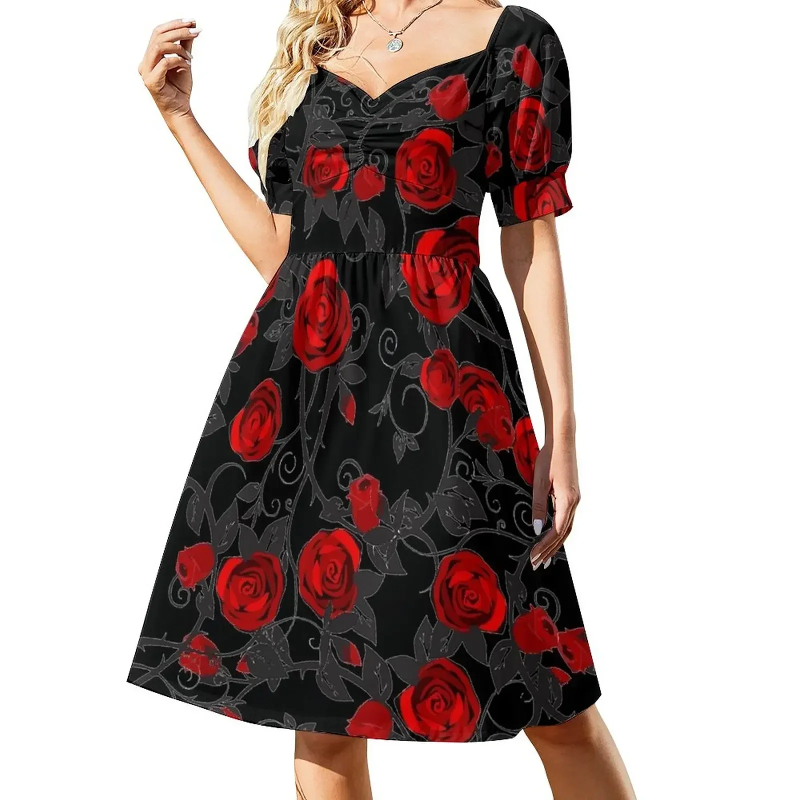Vestido negro con rosas rojas vestido de manga corta vestidos largos vestido de dama de honor vestido de noche de lujo para mujer