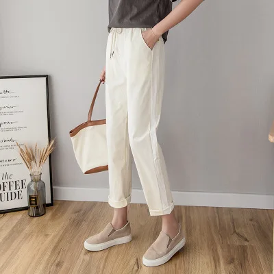 Women Casual Harajuku Long Ankle Length Trousers 2022 Summer Autumn Large Solid Elastic Waist Cotton Linen Pants Black Pants LS-01creamy-white