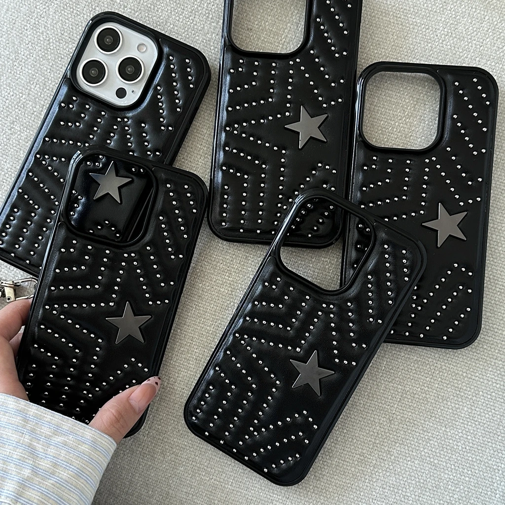 Black Willow Gothic Nail Metal Pentagram Star Leather Lanyard Phone Case